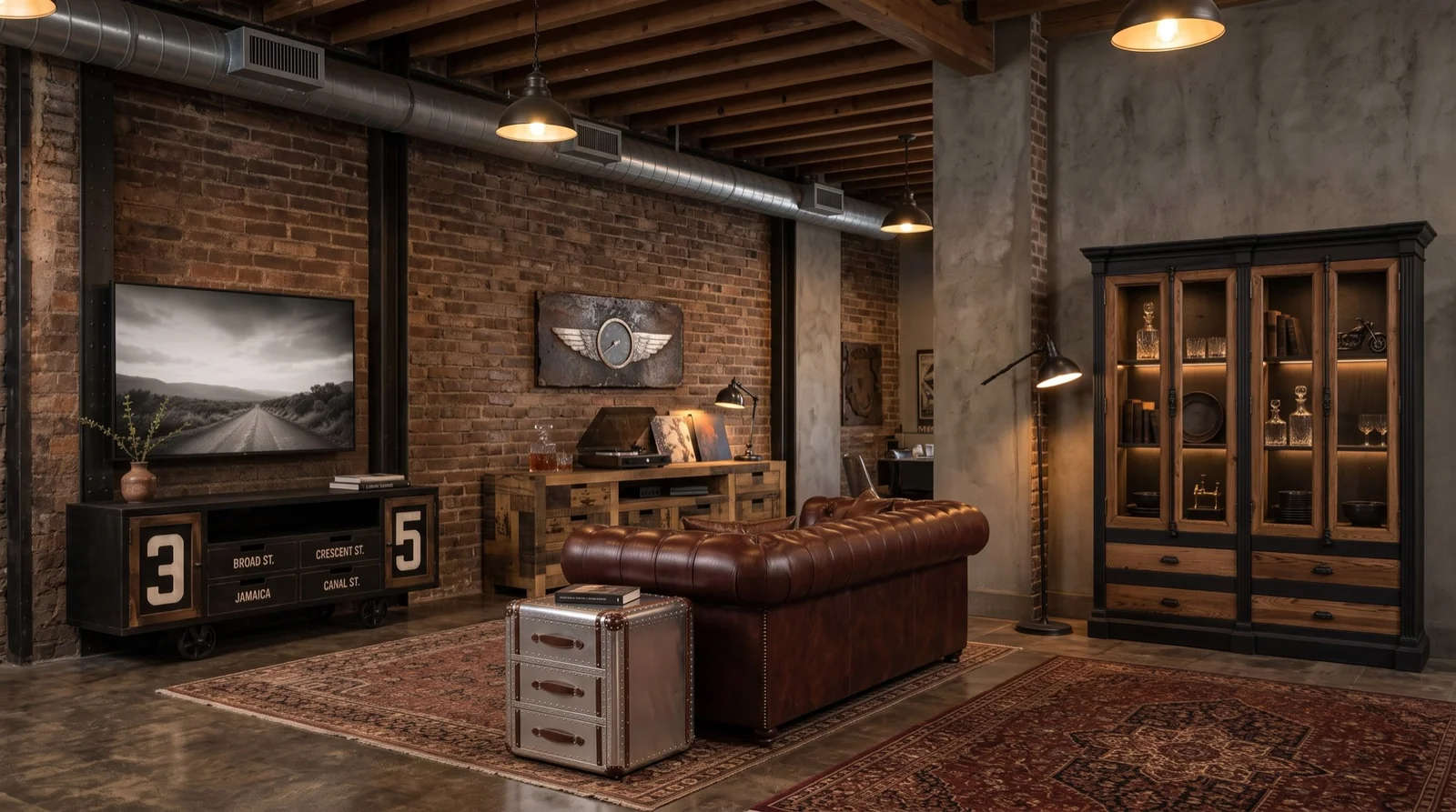 Living de estilo industrial con sofá Chesterfield de cuero, cajonera de aluminio, rack y vitrina de madera, Luxury Tennessee