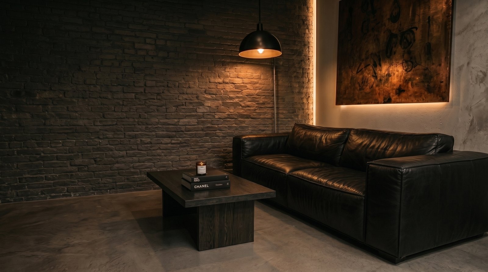 Living con sofá Chesterfield de cuero negro en un ambiente industrial de Luxury Tennessee